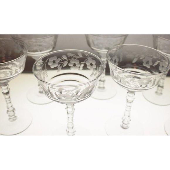 7 Rock Sharpe Halifax Tall Sherbet Champagne Glass Crystal Floral Etch Circa 40s - Picture 3 of 8